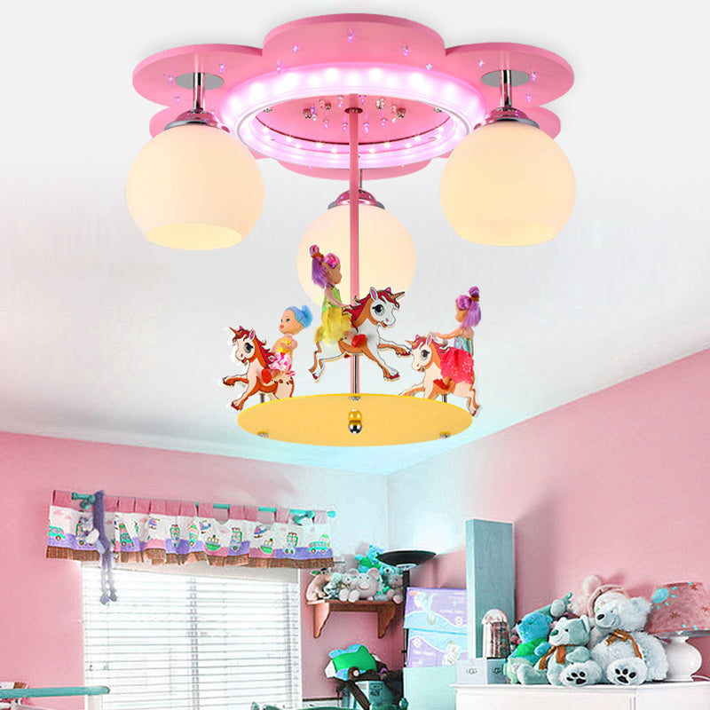 3 Lights Carousel Flush Mount Light Lovely Metal Ceiling Lamp in Pink for Child Bedroom Clearhalo 'Ceiling Lights' 'Close To Ceiling Lights' 'Close to ceiling' 'Flush mount' Lighting' 184781