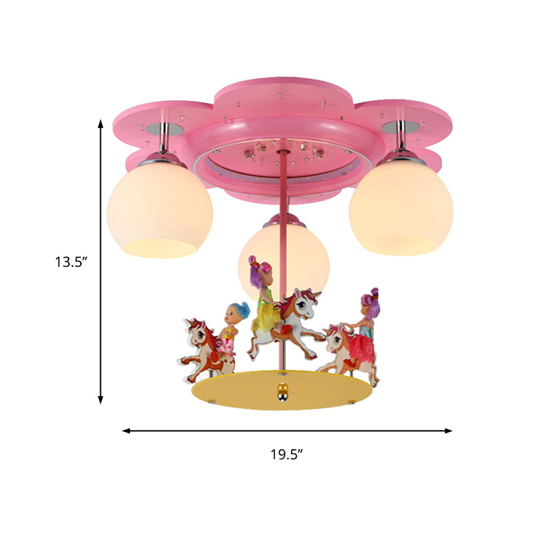 3 Lights Carousel Flush Mount Light Lovely Metal Ceiling Lamp in Pink for Child Bedroom Clearhalo 'Ceiling Lights' 'Close To Ceiling Lights' 'Close to ceiling' 'Flush mount' Lighting' 184783