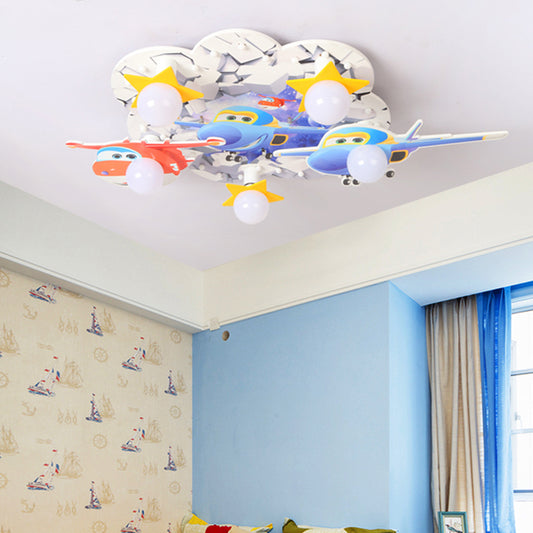 Kids Bedroom Grin Plane Ceiling Mount Light Wood 5 Lights Multi-Color Ceiling Lamp White Clearhalo 'Ceiling Lights' 'Close To Ceiling Lights' 'Close to ceiling' 'Flush mount' Lighting' 184797