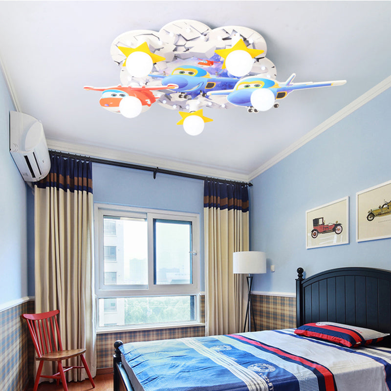 Kids Bedroom Grin Plane Ceiling Mount Light Wood 5 Lights Multi-Color Ceiling Lamp Clearhalo 'Ceiling Lights' 'Close To Ceiling Lights' 'Close to ceiling' 'Flush mount' Lighting' 184798