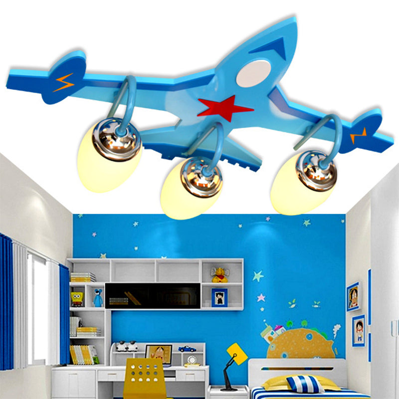 Cool Fighter Airplane Semi Flush Ceiling Light 3 Heads Wood Ceiling Fixture in Blue for Boys Bedroom Blue Clearhalo 'Ceiling Lights' 'Close To Ceiling Lights' 'Close to ceiling' 'Flush mount' Lighting' 184801