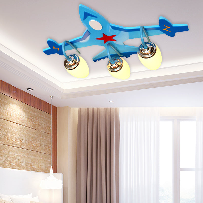 Cool Fighter Airplane Semi Flush Ceiling Light 3 Heads Wood Ceiling Fixture in Blue for Boys Bedroom Clearhalo 'Ceiling Lights' 'Close To Ceiling Lights' 'Close to ceiling' 'Flush mount' Lighting' 184802