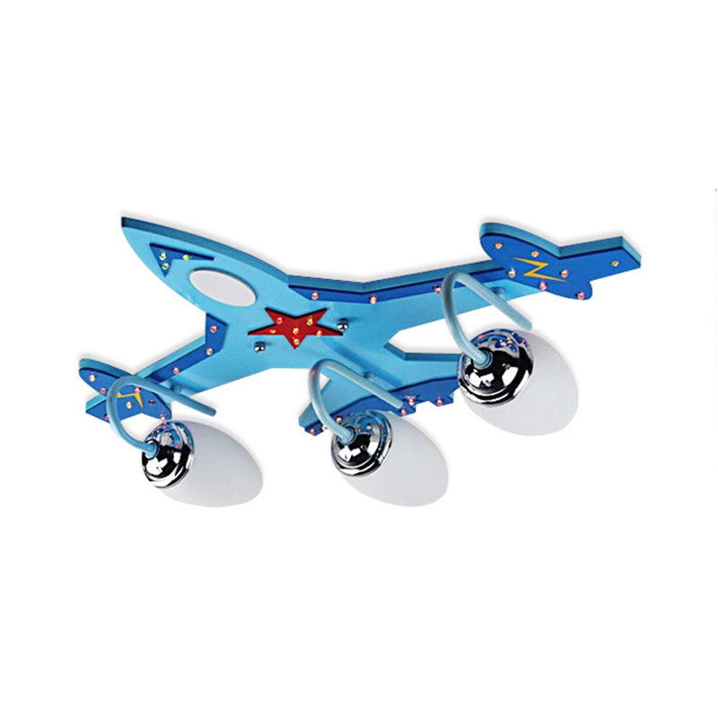 Cool Fighter Airplane Semi Flush Ceiling Light 3 Heads Wood Ceiling Fixture in Blue for Boys Bedroom Clearhalo 'Ceiling Lights' 'Close To Ceiling Lights' 'Close to ceiling' 'Flush mount' Lighting' 184803