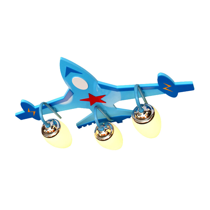 Cool Fighter Airplane Semi Flush Ceiling Light 3 Heads Wood Ceiling Fixture in Blue for Boys Bedroom Clearhalo 'Ceiling Lights' 'Close To Ceiling Lights' 'Close to ceiling' 'Flush mount' Lighting' 184804