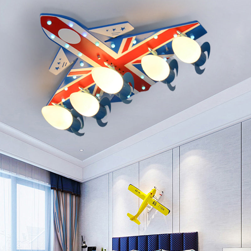 American Style Airplane Ceiling Lamp Wood 4 Lights Blue Flush Mount Light for Boys Bedroom Blue Clearhalo 'Ceiling Lights' 'Close To Ceiling Lights' 'Close to ceiling' 'Flush mount' Lighting' 184806