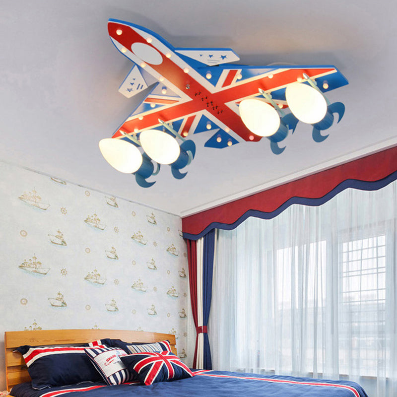 American Style Airplane Ceiling Lamp Wood 4 Lights Blue Flush Mount Light for Boys Bedroom Clearhalo 'Ceiling Lights' 'Close To Ceiling Lights' 'Close to ceiling' 'Flush mount' Lighting' 184807