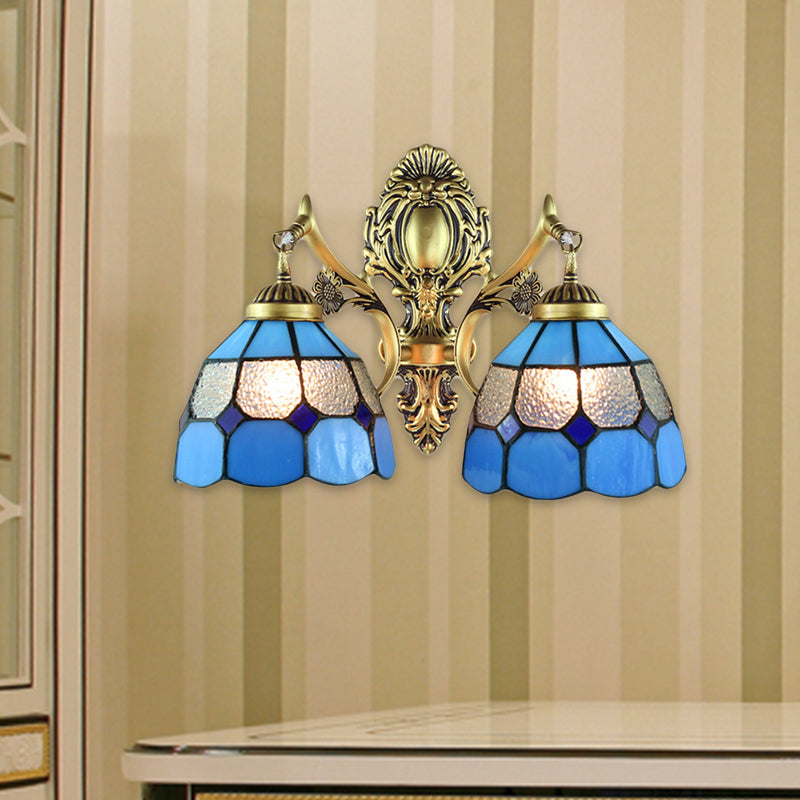 Multicolored Scalloped Shade Wall Lamp Retro Style Stained Glass 2 Heads Wall Fixture Light for Dining Room Blue Clearhalo 'Wall Lamps & Sconces' 'Wall Lights' Lighting' 184812