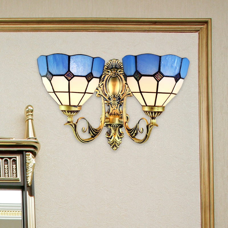 Multicolored Scalloped Shade Wall Lamp Retro Style Stained Glass 2 Heads Wall Fixture Light for Dining Room Antique Brass Clearhalo 'Wall Lamps & Sconces' 'Wall Lights' Lighting' 184817