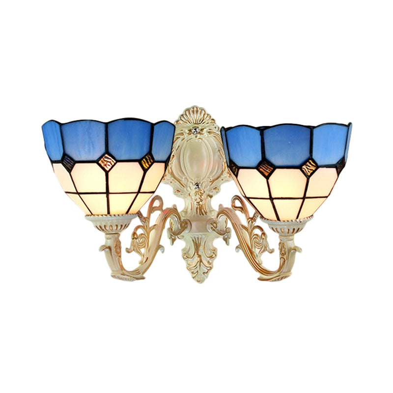 Multicolored Scalloped Shade Wall Lamp Retro Style Stained Glass 2 Heads Wall Fixture Light for Dining Room White Clearhalo 'Wall Lamps & Sconces' 'Wall Lights' Lighting' 184823