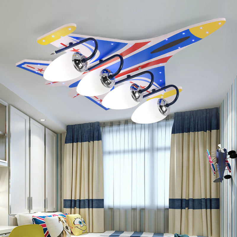 Cool Blue Semi Flush Ceiling Light Airplane 4 Bulbs Wood Ceiling Fixture for Child Bedroom Blue Clearhalo 'Ceiling Lights' 'Close To Ceiling Lights' 'Close to ceiling' 'Flush mount' Lighting' 184825