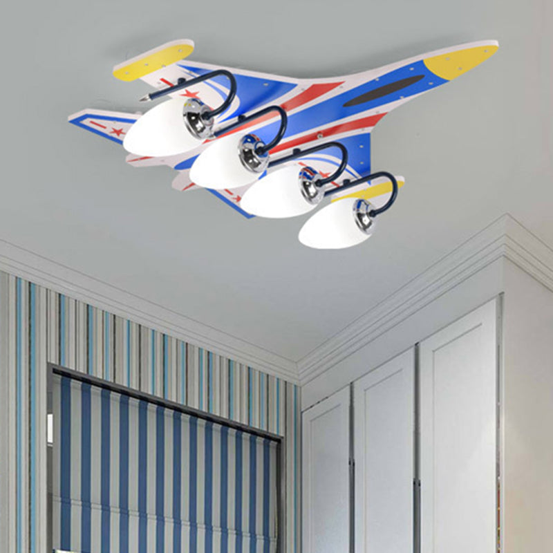 Cool Blue Semi Flush Ceiling Light Airplane 4 Bulbs Wood Ceiling Fixture for Child Bedroom Clearhalo 'Ceiling Lights' 'Close To Ceiling Lights' 'Close to ceiling' 'Flush mount' Lighting' 184826