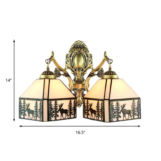 Small House Wall Sconce Retro Style Stained Glass 2 Heads Wall Light with Deer and Tree Pattern Clearhalo 'Industrial' 'Middle century wall lights' 'Tiffany wall lights' 'Tiffany' 'Wall Lamps & Sconces' 'Wall Lights' Lighting' 184857