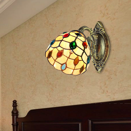 1 Light Dome Shade Wall Light Retro Style Stained Glass Wall Sconce with Jewel Pattern in Yellow Yellow Clearhalo 'Industrial' 'Middle century wall lights' 'Tiffany wall lights' 'Tiffany' 'Wall Lamps & Sconces' 'Wall Lights' Lighting' 184924