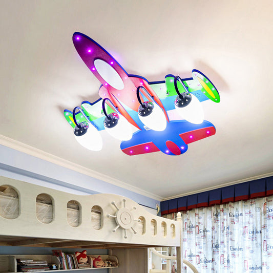 Fighter Airplane Semi Ceiling Mount Light 4 Bulbs Modern Wood Ceiling Fixture for Kindergarten Blue Clearhalo 'Ceiling Lights' 'Close To Ceiling Lights' 'Close to ceiling' 'Flush mount' Lighting' 184937