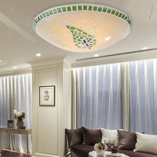 2 Lights Round Ceiling Light Fixture Retro Style Stained Glass Flushmount Light with Leaf Pattern in Green Green Clearhalo 'Ceiling Lights' 'Close To Ceiling Lights' 'Close to ceiling' 'Flush mount' Lighting' 184940