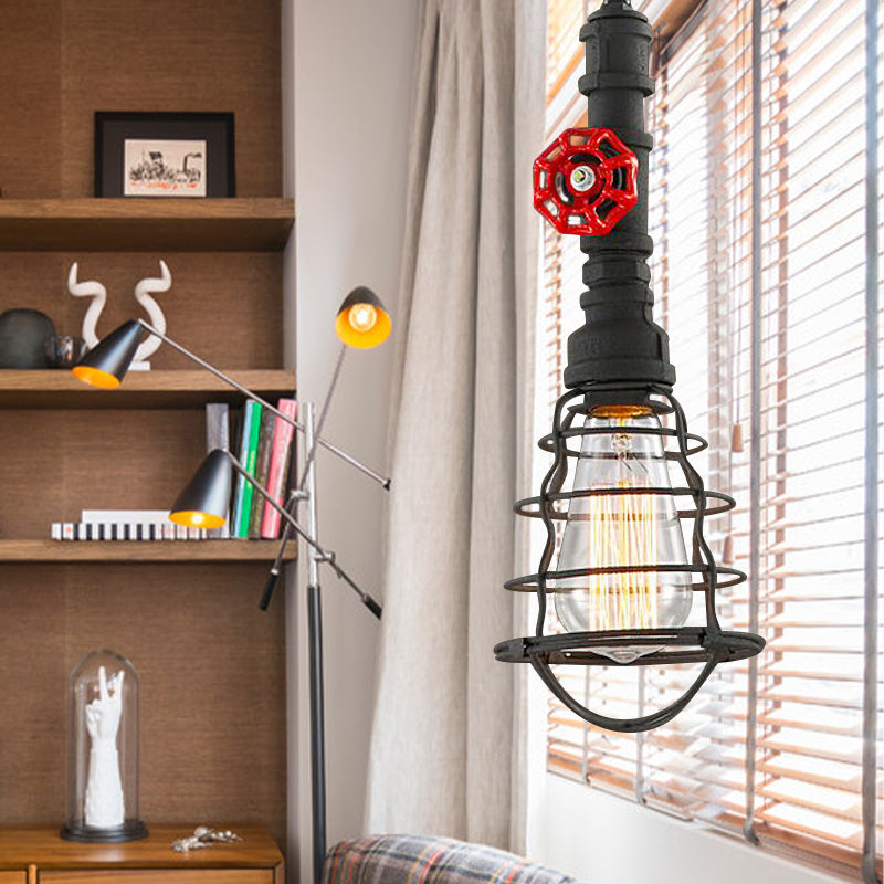 Metal Wire Cage Pendant Light Farmhouse Style 1 Light Indoor Hanging Fixture with Valve Design in Black/Red Finish Black Clearhalo 'Art Deco Pendants' 'Black' 'Cast Iron' 'Ceiling Lights' 'Ceramic' 'Crystal' 'Industrial Pendants' 'Industrial' 'Metal' 'Middle Century Pendants' 'Pendant Lights' 'Pendants' 'Rustic Pendants' 'Tiffany' Lighting' 184977