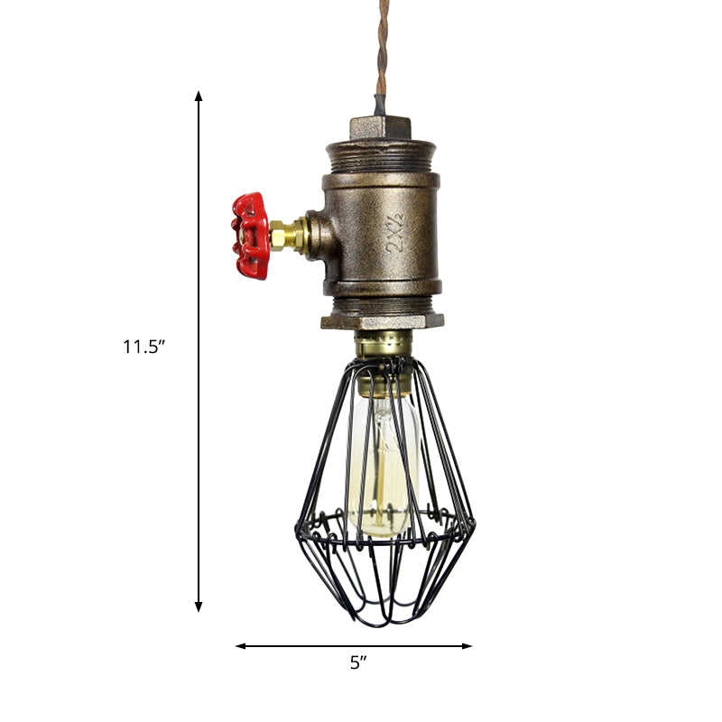 Industrial Wire Frame Pendant Lighting 1 Bulb Wrought Iron Ceiling Fixture with Red Valve in Bronze Clearhalo 'Art Deco Pendants' 'Cast Iron' 'Ceiling Lights' 'Ceramic' 'Crystal' 'Industrial Pendants' 'Industrial' 'Metal' 'Middle Century Pendants' 'Pendant Lights' 'Pendants' 'Tiffany' Lighting' 185006