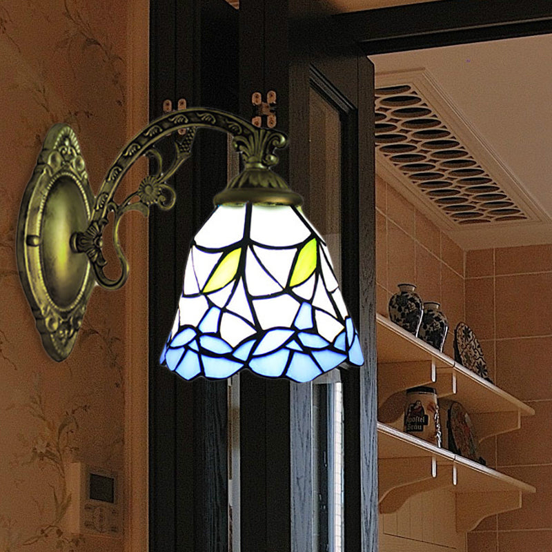 Blue Bell Wall Mount Fixture Rustic Stained Glass 1 Light Flower Wall Sconce Lighting for Corridor Blue No Switch Clearhalo 'Wall Lamps & Sconces' 'Wall Lights' Lighting' 185110