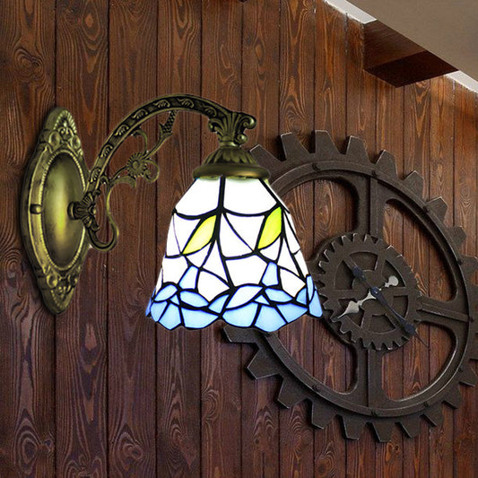 Blue Bell Wall Mount Fixture Rustic Stained Glass 1 Light Flower Wall Sconce Lighting for Corridor Clearhalo 'Wall Lamps & Sconces' 'Wall Lights' Lighting' 185111