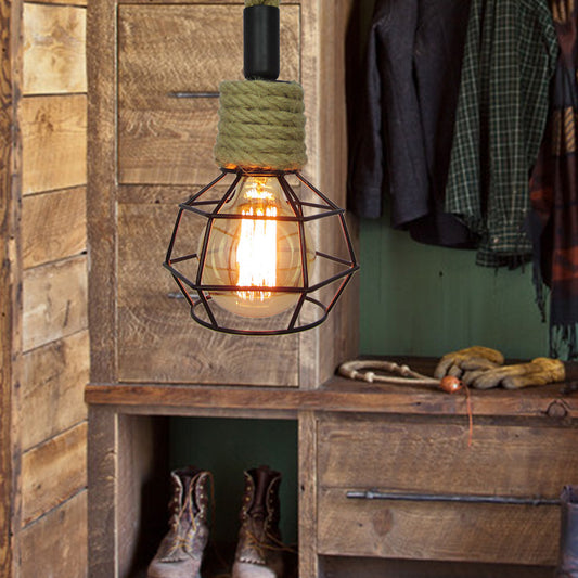 Metallic Black Pendant Lighting Global Cage Shade 1 Head Vintage Ceiling Fixture with Rope Cord Black Clearhalo 'Art Deco Pendants' 'Black' 'Cast Iron' 'Ceiling Lights' 'Ceramic' 'Crystal' 'Industrial Pendants' 'Industrial' 'Metal' 'Middle Century Pendants' 'Pendant Lights' 'Pendants' 'Rustic Pendants' 'Tiffany' Lighting' 185116