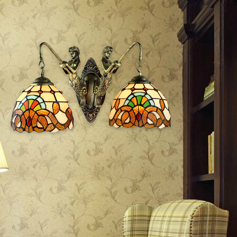 2 Heads Wall Mounted Light Baroque Mermaid/Basic Set Stained Glass Sconce Light in Antique Bronze Antique Bronze Mermaid Clearhalo 'Wall Lamps & Sconces' 'Wall Lights' Lighting' 185182