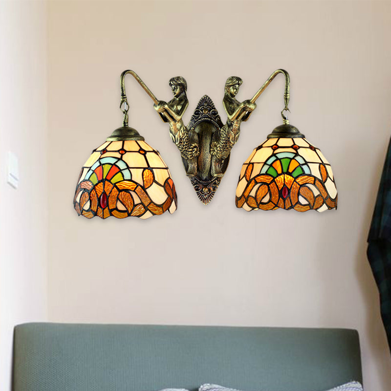 2 Heads Wall Mounted Light Baroque Mermaid/Basic Set Stained Glass Sconce Light in Antique Bronze Clearhalo 'Wall Lamps & Sconces' 'Wall Lights' Lighting' 185183