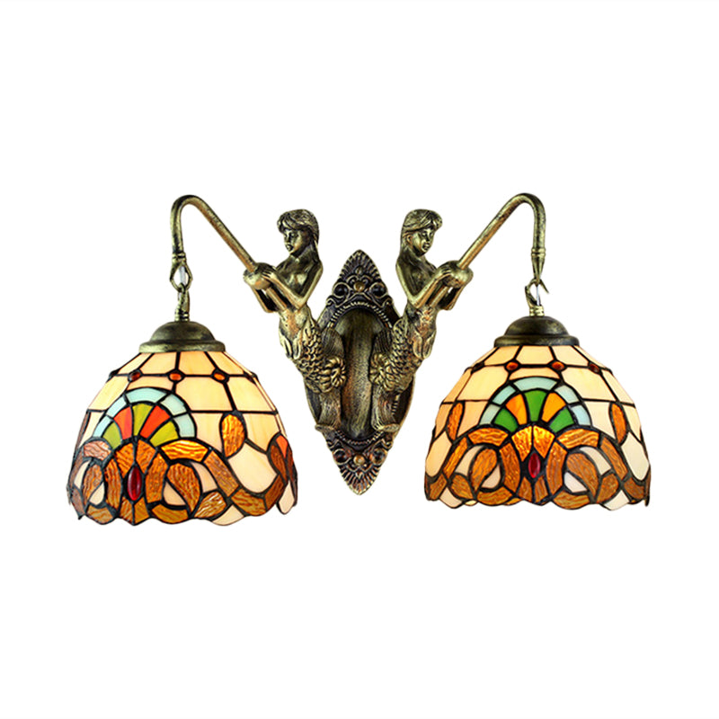 2 Heads Wall Mounted Light Baroque Mermaid/Basic Set Stained Glass Sconce Light in Antique Bronze Clearhalo 'Wall Lamps & Sconces' 'Wall Lights' Lighting' 185184