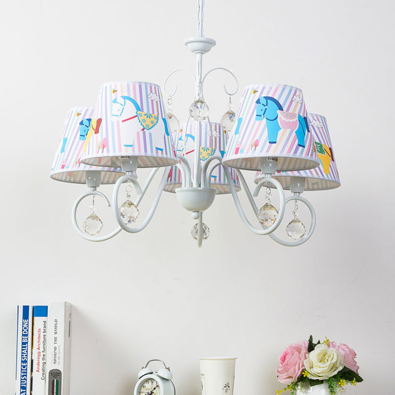 Carousel Study Room Pendant Light Metal 5 Lights Cartoon Chandelier in White with Crystal White Clearhalo 'Ceiling Lights' 'Chandeliers' Lighting' options 185336_4f4d362b-1a29-4d8f-bd5f-638aec2f6c35