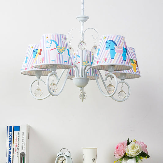 Carousel Study Room Pendant Light Metal 5 Lights Cartoon Chandelier in White with Crystal Clearhalo 'Ceiling Lights' 'Chandeliers' Lighting' options 185336