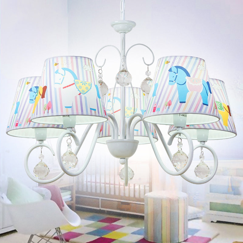 Carousel Study Room Pendant Light Metal 5 Lights Cartoon Chandelier in White with Crystal Clearhalo 'Ceiling Lights' 'Chandeliers' Lighting' options 185337