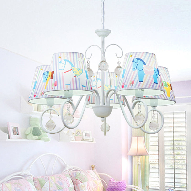 Carousel Study Room Pendant Light Metal 5 Lights Cartoon Chandelier in White with Crystal Clearhalo 'Ceiling Lights' 'Chandeliers' Lighting' options 185338