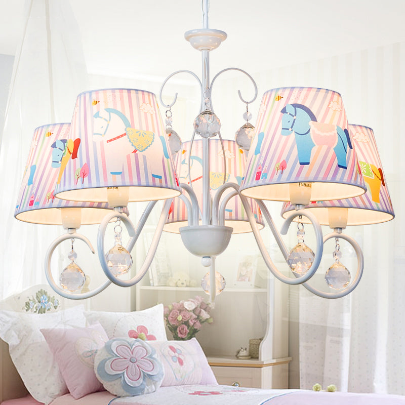 Carousel Study Room Pendant Light Metal 5 Lights Cartoon Chandelier in White with Crystal Clearhalo 'Ceiling Lights' 'Chandeliers' Lighting' options 185339