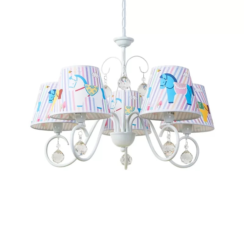 Carousel Study Room Pendant Light Metal 5 Lights Cartoon Chandelier in White with Crystal Clearhalo 'Ceiling Lights' 'Chandeliers' Lighting' options 185340