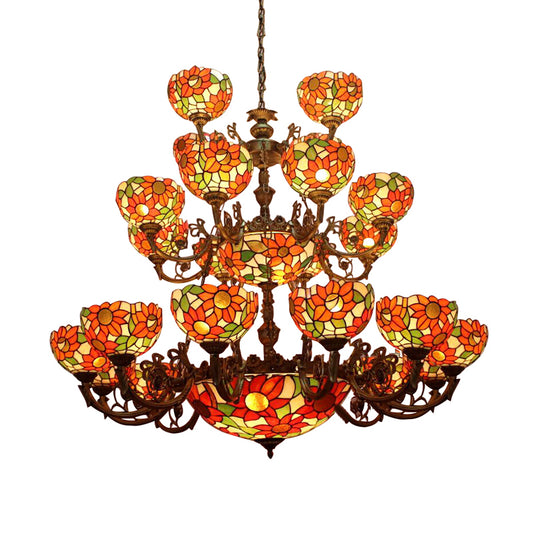 Floral Ceiling Chandelier Pendant Rustic Stained Glass Large Size 3-Tier Inverted Chandelier Clearhalo 'Ceiling Lights' 'Chandeliers' Lighting' options 185374