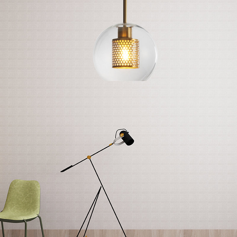 Simple Orb Shade Pendant Light with Cylinder Mesh Screen 1 Light Glass Hanging Lamp for Hallway Bronze Clearhalo 'Ceiling Lights' 'Glass shade' 'Glass' 'Modern Pendants' 'Modern' 'Pendant Lights' 'Pendants' Lighting' 185437