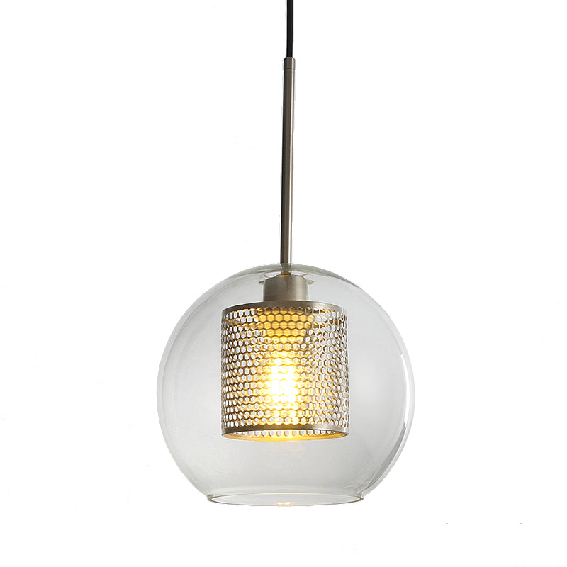 Simple Orb Shade Pendant Light with Cylinder Mesh Screen 1 Light Glass Hanging Lamp for Hallway Clearhalo 'Ceiling Lights' 'Glass shade' 'Glass' 'Modern Pendants' 'Modern' 'Pendant Lights' 'Pendants' Lighting' 185441