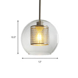 Simple Orb Shade Pendant Light with Cylinder Mesh Screen 1 Light Glass Hanging Lamp for Hallway Clearhalo 'Ceiling Lights' 'Glass shade' 'Glass' 'Modern Pendants' 'Modern' 'Pendant Lights' 'Pendants' Lighting' 185442