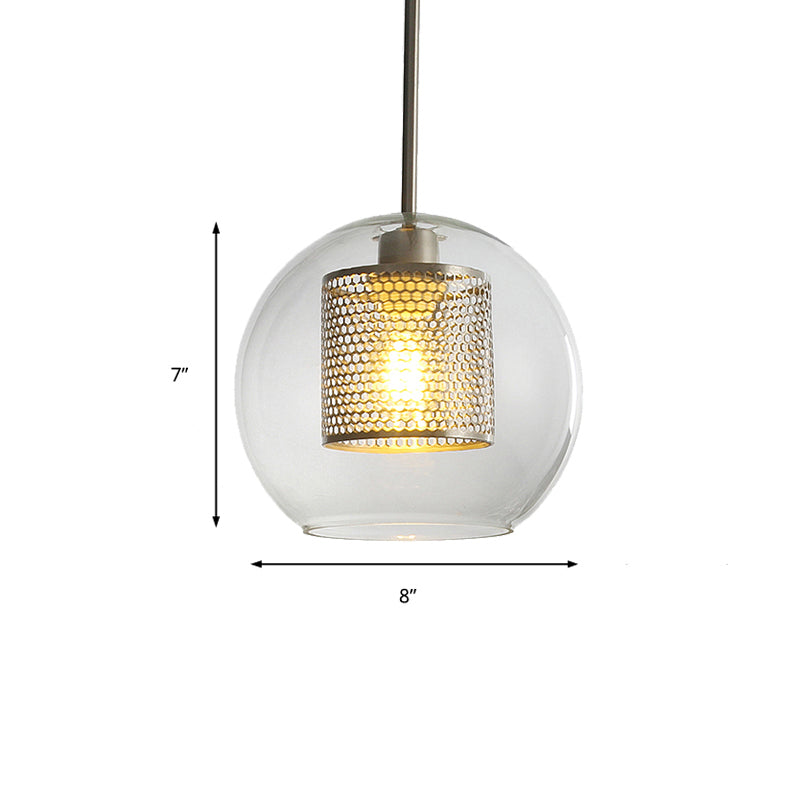 Simple Orb Shade Pendant Light with Cylinder Mesh Screen 1 Light Glass Hanging Lamp for Hallway Clearhalo 'Ceiling Lights' 'Glass shade' 'Glass' 'Modern Pendants' 'Modern' 'Pendant Lights' 'Pendants' Lighting' 185444