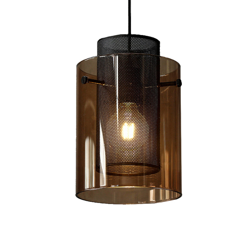 Amber Cylinder Pendant Lamp with Hollow Mesh Screen 1 Bulb Modern Hanging Light for Kitchen Clearhalo 'Ceiling Lights' 'Glass shade' 'Glass' 'Modern Pendants' 'Modern' 'Pendant Lights' 'Pendants' Lighting' 185501