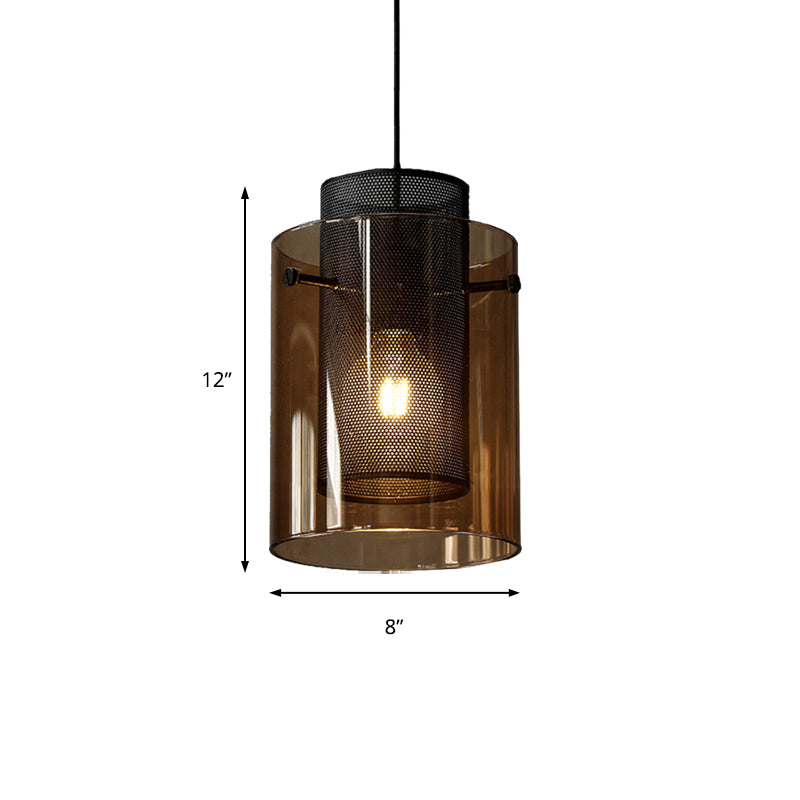 Amber Cylinder Pendant Lamp with Hollow Mesh Screen 1 Bulb Modern Hanging Light for Kitchen Clearhalo 'Ceiling Lights' 'Glass shade' 'Glass' 'Modern Pendants' 'Modern' 'Pendant Lights' 'Pendants' Lighting' 185502