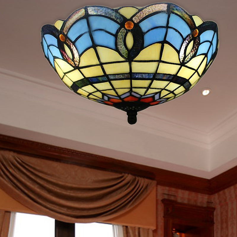 Retro Bowl Shade Flush Light Fixtures Stained Glass 2 Lights Flush Mount Light for Dining Room Yellow-Blue Clearhalo 'Ceiling Lights' 'Close To Ceiling Lights' 'Close to ceiling' 'Glass shade' 'Glass' 'Pendant Lights' 'Semi-flushmount' 'Tiffany close to ceiling' 'Tiffany' Lighting' 185552