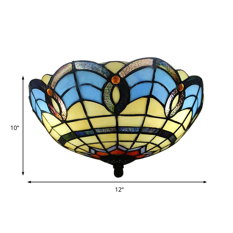 Retro Bowl Shade Flush Light Fixtures Stained Glass 2 Lights Flush Mount Light for Dining Room Clearhalo 'Ceiling Lights' 'Close To Ceiling Lights' 'Close to ceiling' 'Glass shade' 'Glass' 'Pendant Lights' 'Semi-flushmount' 'Tiffany close to ceiling' 'Tiffany' Lighting' 185555