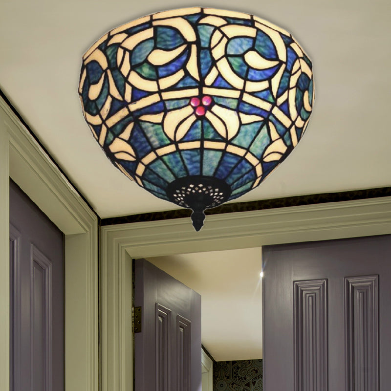 Rustic Bowl Flush Mount Fixture Stained Glass 2-Light Flush Mount Light for Bedroom Blue Clearhalo 'Ceiling Lights' 'Close To Ceiling Lights' 'Close to ceiling' 'Flush mount' Lighting' 185567