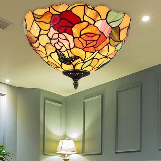 Rose Flush Mount Lighting Lodge Stained Glass 2-Light Flush Ceiling Light for Bedroom Beige Clearhalo 'Ceiling Lights' 'Close To Ceiling Lights' 'Close to ceiling' 'Flush mount' Lighting' 185578