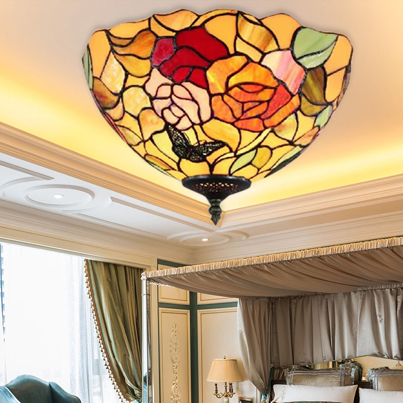 Rose Flush Mount Lighting Lodge Stained Glass 2-Light Flush Ceiling Light for Bedroom Clearhalo 'Ceiling Lights' 'Close To Ceiling Lights' 'Close to ceiling' 'Flush mount' Lighting' 185579