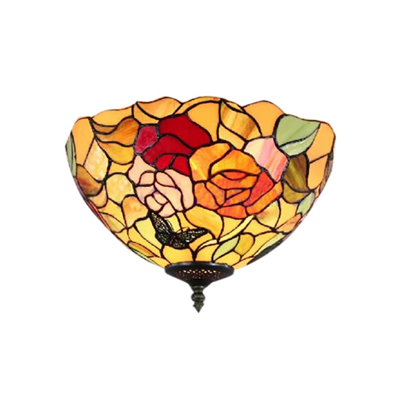 Rose Flush Mount Lighting Lodge Stained Glass 2-Light Flush Ceiling Light for Bedroom Clearhalo 'Ceiling Lights' 'Close To Ceiling Lights' 'Close to ceiling' 'Flush mount' Lighting' 185580