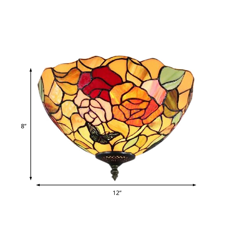 Rose Flush Mount Lighting Lodge Stained Glass 2-Light Flush Ceiling Light for Bedroom Clearhalo 'Ceiling Lights' 'Close To Ceiling Lights' 'Close to ceiling' 'Flush mount' Lighting' 185581