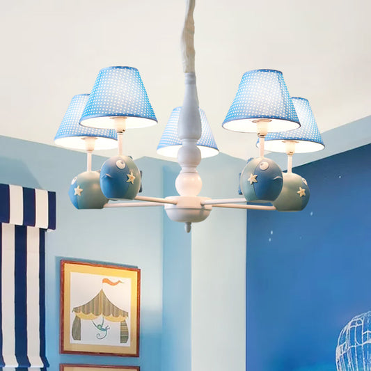 Blue Dot Shade Chandelier with Fish 5 Bulbs Modern Style Metal Hanging Light for Study Room Clearhalo 'Ceiling Lights' 'Chandeliers' Lighting' options 185582