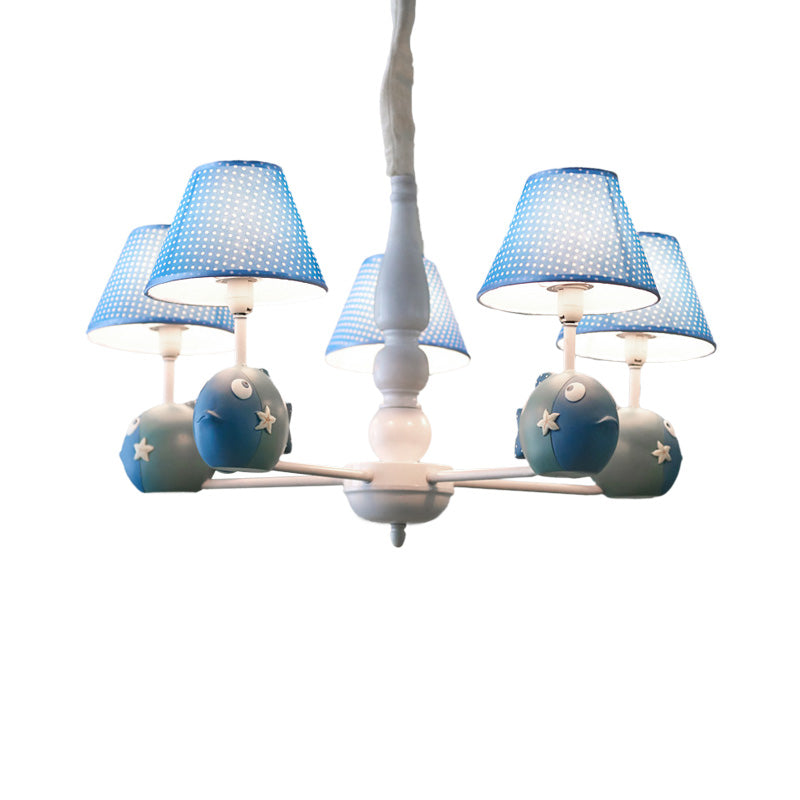 Blue Dot Shade Chandelier with Fish 5 Bulbs Modern Style Metal Hanging Light for Study Room Clearhalo 'Ceiling Lights' 'Chandeliers' Lighting' options 185584