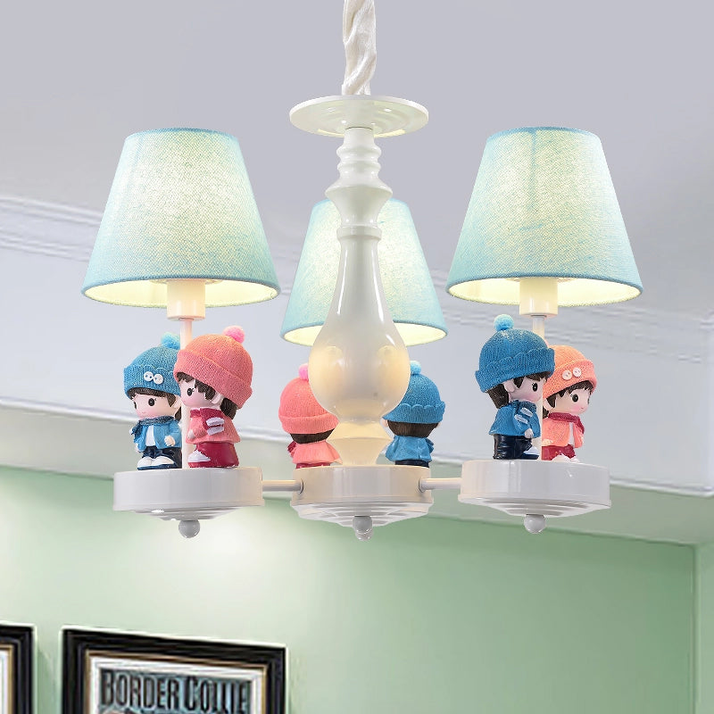 Tapered Shade Living Room Chandelier with Kids Deco Metal 3 Heads Contemporary Ceiling Pendant in Blue 3 Blue Clearhalo 'Ceiling Lights' 'Chandeliers' Lighting' options 185682_14a2e1bf-a235-446d-bff3-abd15c2c8554